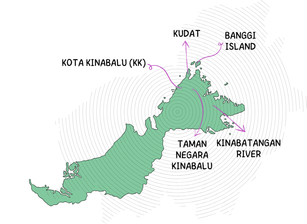 mapa infografico de la ruta del viaje a la region de Sabah en Borneo de Flip Flopping The World